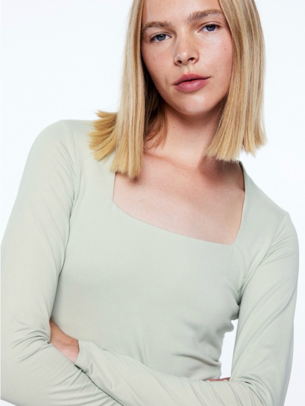 H&M Long Sleeve Square Neck Top in Sage Green